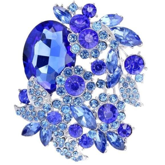 Silver with Sapphire Blue Austrian Crystal Flower and Leaf Brooch Pin - Picture 1 of 4